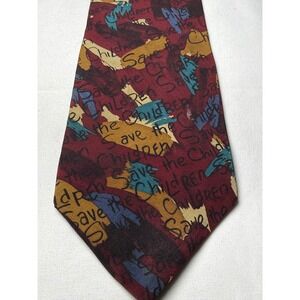Save the Children Silk Necktie Burgundy Multi Color‎ Text Print Neck Tie